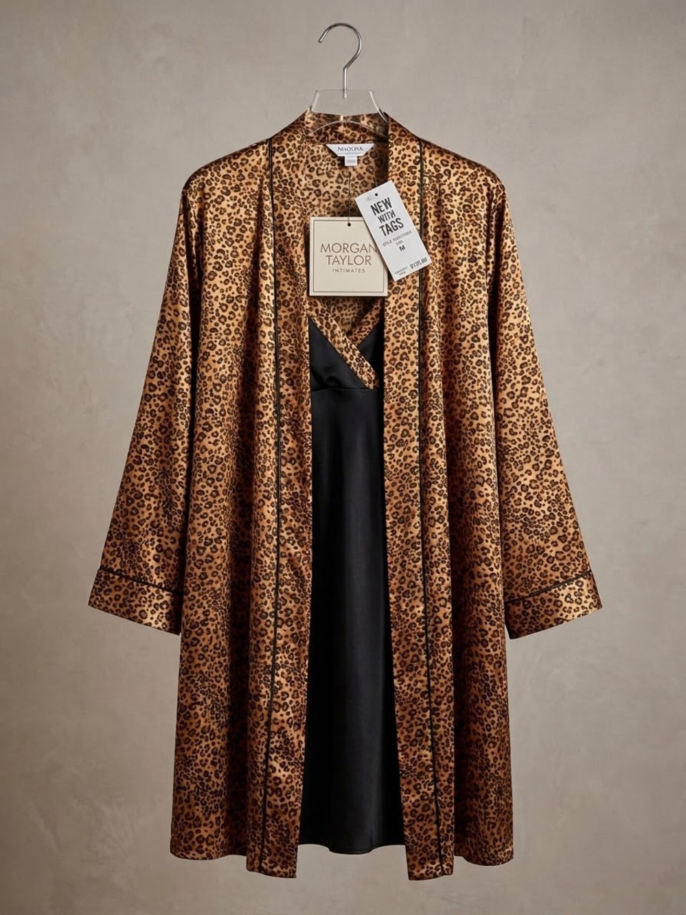 Morgan Taylor Intimates Satin Leopard Print Robe & Chemise Set